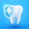 3D white tooth with a transparent medical shield symbolizing strong enamel and dental protection