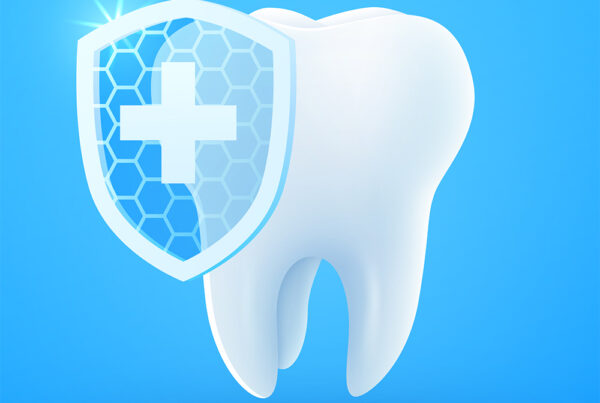 3D white tooth with a transparent medical shield symbolizing strong enamel and dental protection