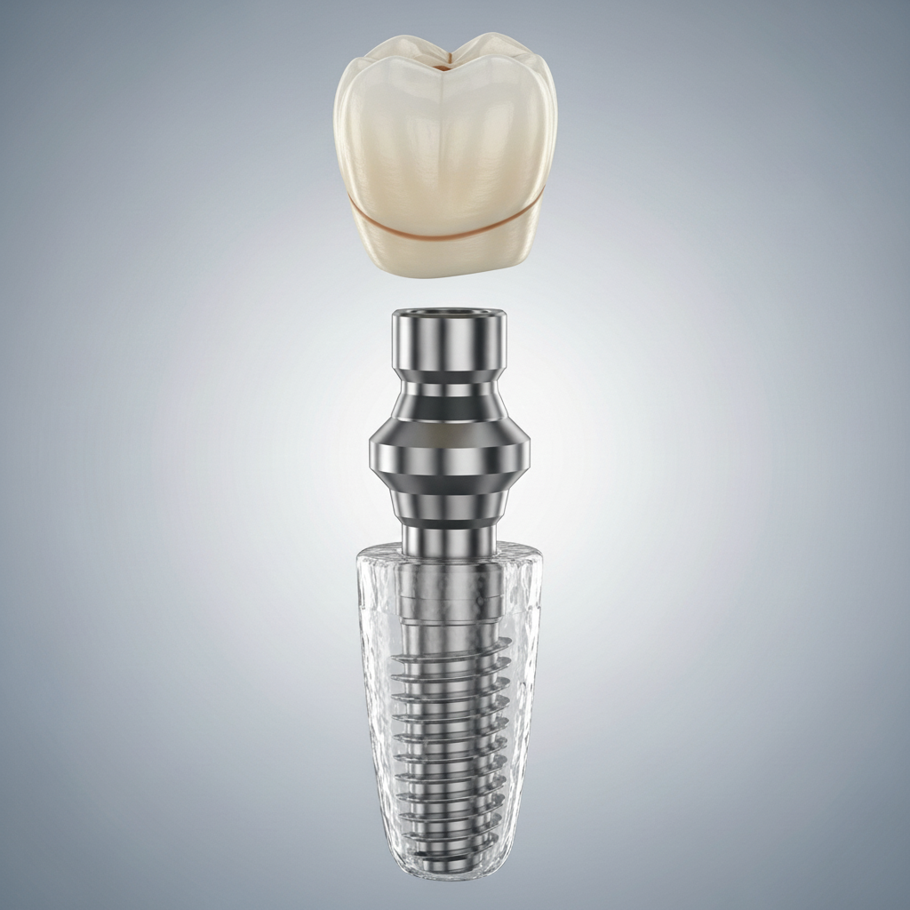 Sistema de implantes dentales: componentes esenciales Precio de Implantes Dentales Completos en España que se compone de implante, pilar y prótesis dental.