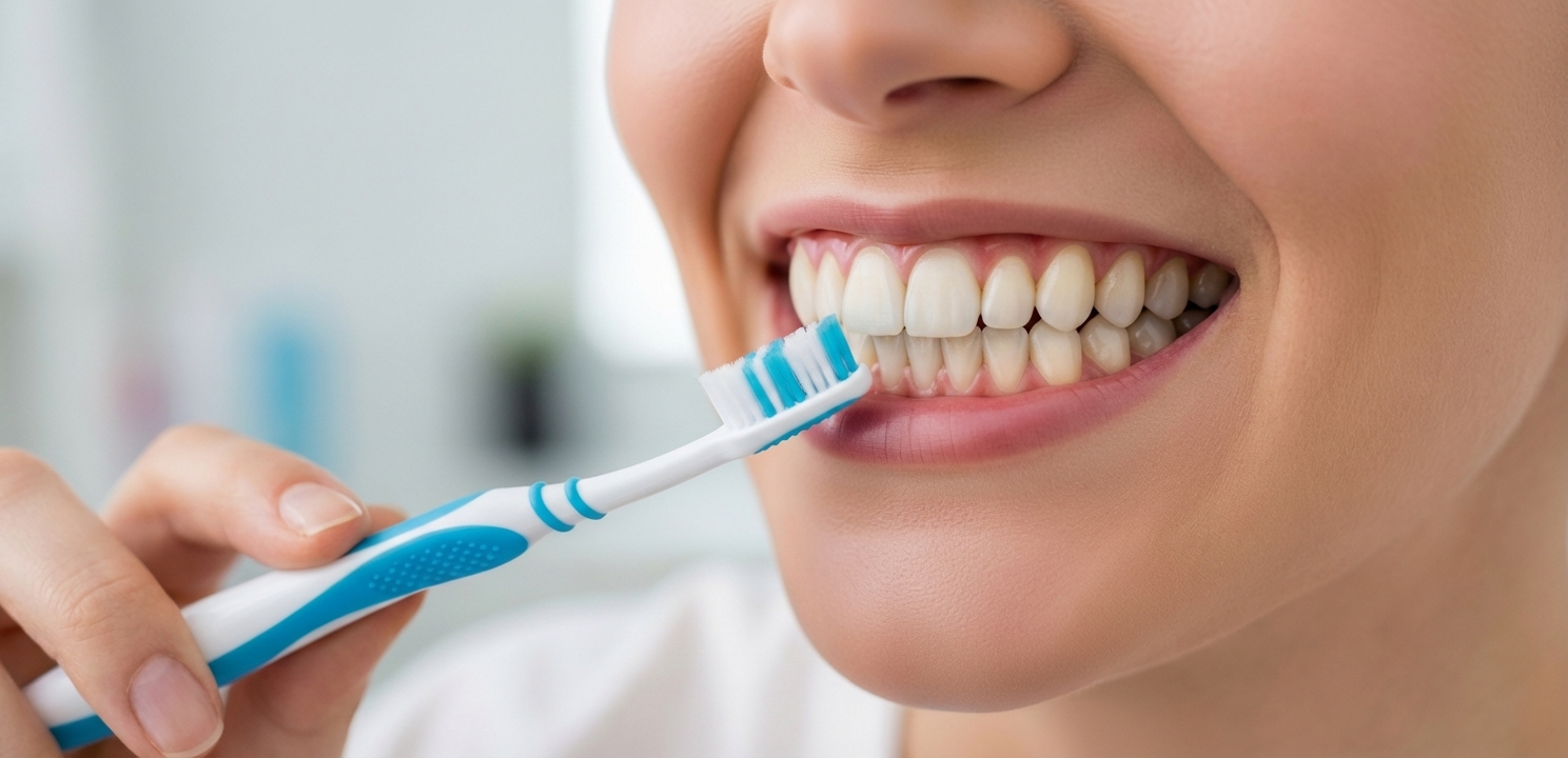 Oral Hygiene Routine showing the proper 45-degree angle for effective brushing.