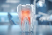 A highly detailed, photorealistic 3D render of a translucent human molar tooth. A soft, warm glow emanates from within its root canals, conceptually representing the infection and pain that signals the need for a root canal. The background is a clean, blurred, modern clinical setting.