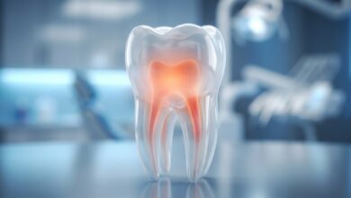 A highly detailed, photorealistic 3D render of a translucent human molar tooth. A soft, warm glow emanates from within its root canals, conceptually representing the infection and pain that signals the need for a root canal. The background is a clean, blurred, modern clinical setting.