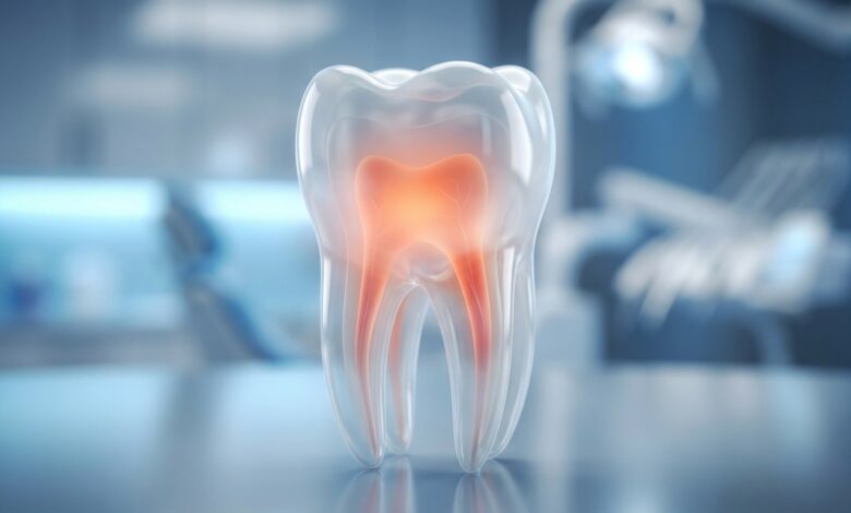 A highly detailed, photorealistic 3D render of a translucent human molar tooth. A soft, warm glow emanates from within its root canals, conceptually representing the infection and pain that signals the need for a root canal. The background is a clean, blurred, modern clinical setting.