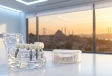 A photorealistic model of an All-on-4 dental implant system on a table in a modern clinic, with a blurred view of the Istanbul, Turkey skyline through a window in the background.