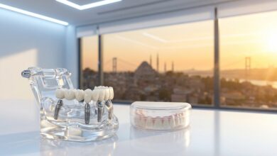 A photorealistic model of an All-on-4 dental implant system on a table in a modern clinic, with a blurred view of the Istanbul, Turkey skyline through a window in the background.