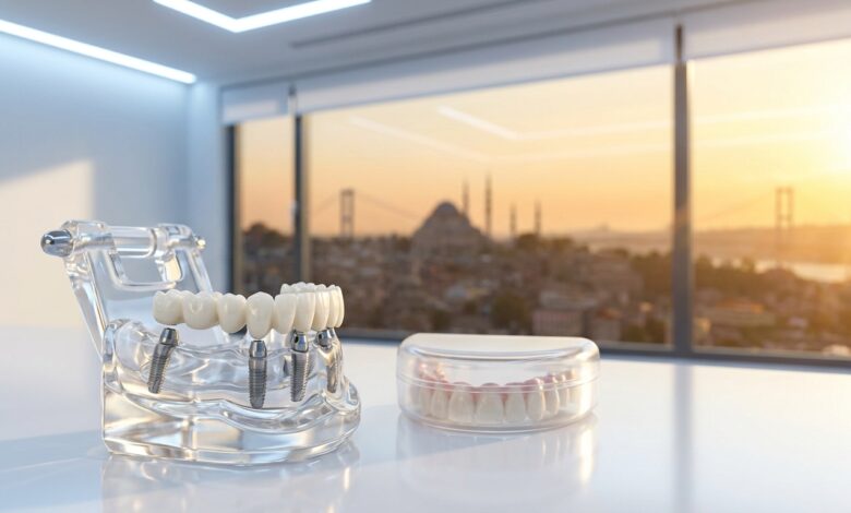 A photorealistic model of an All-on-4 dental implant system on a table in a modern clinic, with a blurred view of the Istanbul, Turkey skyline through a window in the background.
