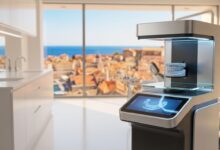 Intérieur d'une clinique dentaire moderne et high-tech, avec une vue ensoleillée et floue sur une ville côtière espagnole à travers une grande fenêtre en arrière-plan. L'accent est mis sur un appareil de technologie dentaire avancé.