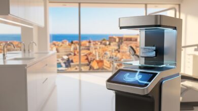 Intérieur d'une clinique dentaire moderne et high-tech, avec une vue ensoleillée et floue sur une ville côtière espagnole à travers une grande fenêtre en arrière-plan. L'accent est mis sur un appareil de technologie dentaire avancé.