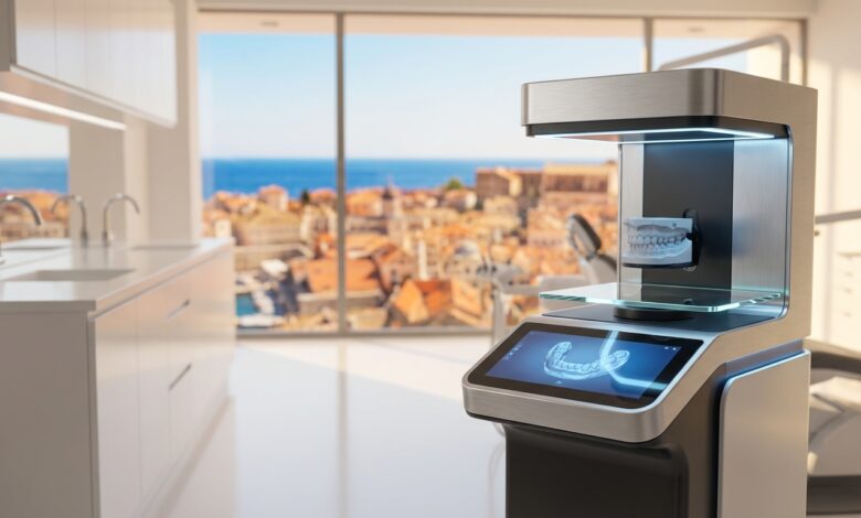 Intérieur d'une clinique dentaire moderne et high-tech, avec une vue ensoleillée et floue sur une ville côtière espagnole à travers une grande fenêtre en arrière-plan. L'accent est mis sur un appareil de technologie dentaire avancé.