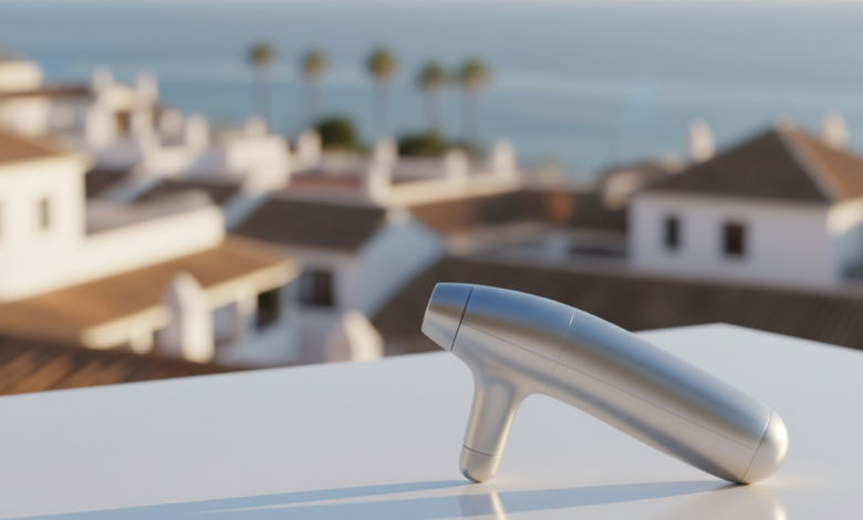 Image photoréaliste d'instruments dentaires modernes et précis en gros plan, avec un arrière-plan flou représentant une ville espagnole ensoleillée et accueillante.