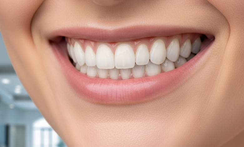 Primer plano fotorealista de una sonrisa radiante y saludable con carillas dentales perfectamente blancas y naturales, ambientada en una clínica dental moderna y luminosa en España con un fondo borroso.