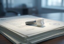 Un implante dental completo, con su tornillo de titanio y corona de cerámica, colocado sobre una pila de documentos oficiales en un escritorio, simbolizando la burocracia y las normativas de la sanidad pública.