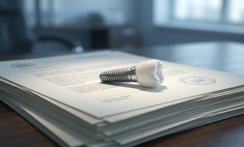 Un implante dental completo, con su tornillo de titanio y corona de cerámica, colocado sobre una pila de documentos oficiales en un escritorio, simbolizando la burocracia y las normativas de la sanidad pública.