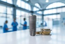 Primer plano de un implante dental de titanio junto a una pila de monedas de euro, con el fondo desenfocado de una clínica moderna, simbolizando el coste del tratamiento y su cobertura sanitaria.