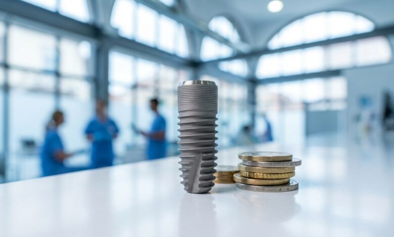 Primer plano de un implante dental de titanio junto a una pila de monedas de euro, con el fondo desenfocado de una clínica moderna, simbolizando el coste del tratamiento y su cobertura sanitaria.