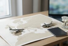 Une scène de planification pour le tourisme dentaire, montrant un bureau avec une carte de l'Europe, un passeport, et un modèle d'implant dentaire, symbolisant le choix entre l'Espagne et la Turquie pour des soins médicaux.