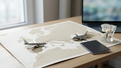 Une scène de planification pour le tourisme dentaire, montrant un bureau avec une carte de l'Europe, un passeport, et un modèle d'implant dentaire, symbolisant le choix entre l'Espagne et la Turquie pour des soins médicaux.