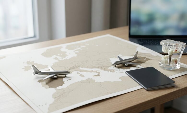 Une scène de planification pour le tourisme dentaire, montrant un bureau avec une carte de l'Europe, un passeport, et un modèle d'implant dentaire, symbolisant le choix entre l'Espagne et la Turquie pour des soins médicaux.
