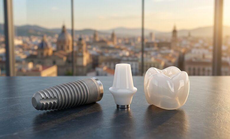 Primer plano fotorealista de los componentes de un implante dental (tornillo, pilar y corona) dispuestos sobre una superficie limpia, con el horizonte de una ciudad española desenfocada y al atardecer en el fondo.