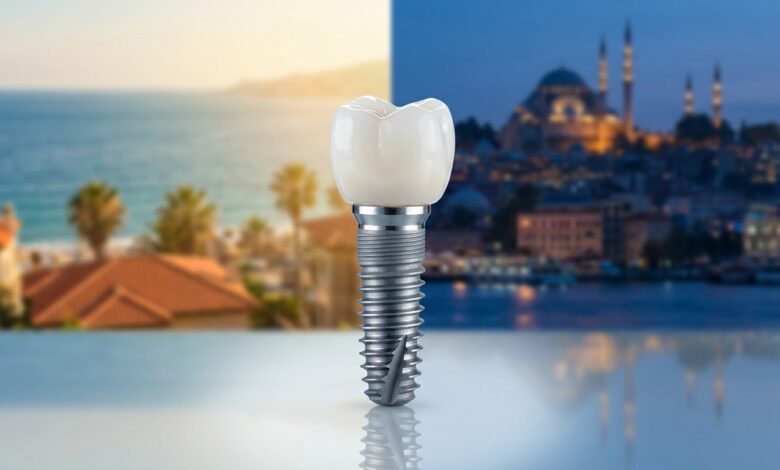 Un implant dentaire de haute technologie en gros plan, sur un fond divisé et flou montrant d'un côté une ville côtière espagnole ensoleillée et de l'autre la ville d'Istanbul au crépuscule, symbolisant le choix pour le tourisme dentaire.