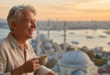 A happy, mature person with a brilliant, natural smile enjoying the sunrise from a balcony with a blurred, scenic view of the Istanbul, Turkey skyline in the background, symbolizing a successful dental tourism experience.