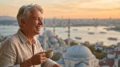 A happy, mature person with a brilliant, natural smile enjoying the sunrise from a balcony with a blurred, scenic view of the Istanbul, Turkey skyline in the background, symbolizing a successful dental tourism experience.