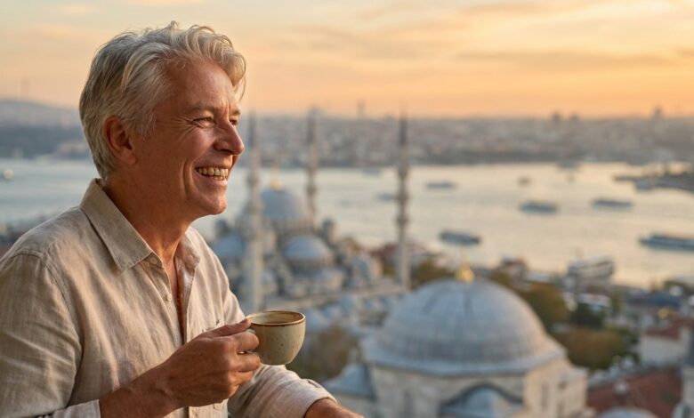A happy, mature person with a brilliant, natural smile enjoying the sunrise from a balcony with a blurred, scenic view of the Istanbul, Turkey skyline in the background, symbolizing a successful dental tourism experience.