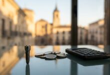 Un implante dental de titanio colocado sobre un escritorio junto a varias monedas de euro y una calculadora. Al fondo, se aprecia una vista desenfocada de una ciudad española, ilustrando el concepto de los costes de los tratamientos dentales en España.