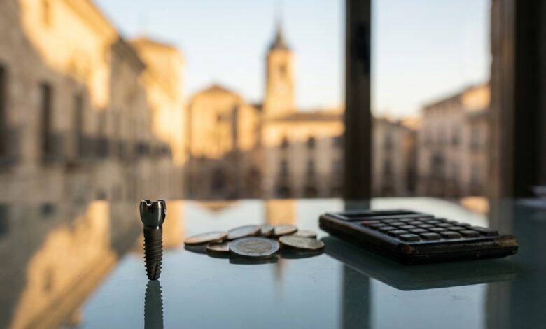 Un implante dental de titanio colocado sobre un escritorio junto a varias monedas de euro y una calculadora. Al fondo, se aprecia una vista desenfocada de una ciudad española, ilustrando el concepto de los costes de los tratamientos dentales en España.