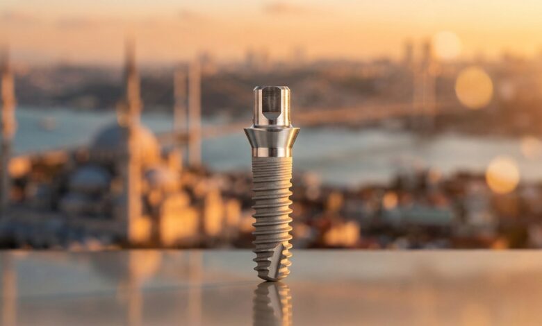 A close-up, photorealistic image of a modern titanium dental implant. The background is a soft-focus, artistic blur of the Istanbul, Turkey cityscape at sunset, representing the concept of dental tourism.