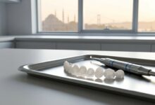 A close-up, photorealistic image of perfectly white porcelain veneers and a dental tool on a tray inside a modern dental office, with a blurred city skyline of Istanbul, Turkey visible through a window in the background.