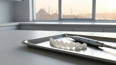 A close-up, photorealistic image of perfectly white porcelain veneers and a dental tool on a tray inside a modern dental office, with a blurred city skyline of Istanbul, Turkey visible through a window in the background.