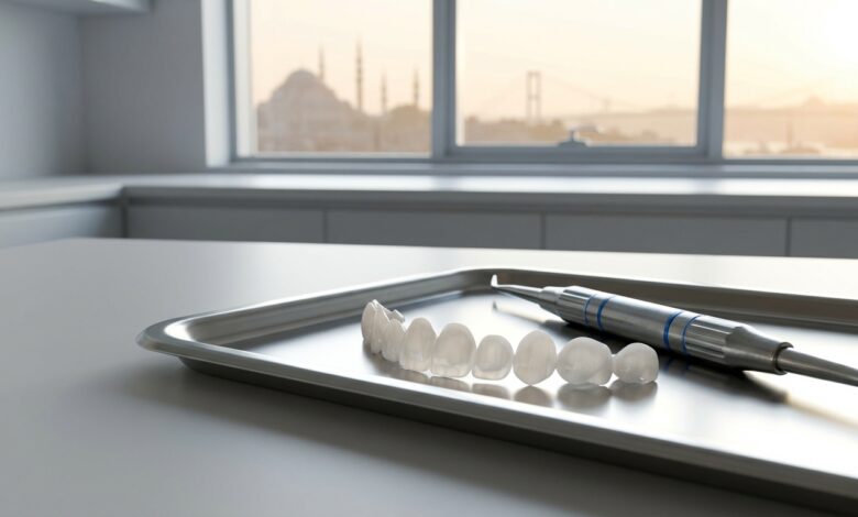 A close-up, photorealistic image of perfectly white porcelain veneers and a dental tool on a tray inside a modern dental office, with a blurred city skyline of Istanbul, Turkey visible through a window in the background.