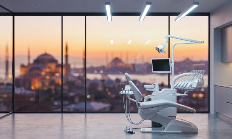 Una sala de tratamiento dental impecable y ultramoderna con equipos de última generación en primer plano. Un gran ventanal muestra una vista panorámica y desenfocada del horizonte de Estambul durante una hermosa puesta de sol.