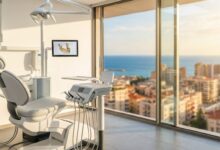 Une salle de soins dentaires ultramoderne et impeccable, baignée de lumière naturelle provenant d'une grande fenêtre qui donne sur une vue ensoleillée et floue d'une ville côtière espagnole.