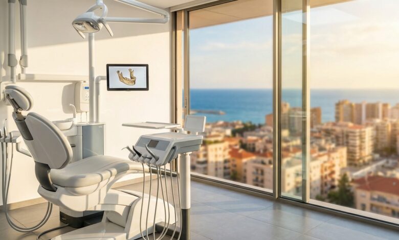 Une salle de soins dentaires ultramoderne et impeccable, baignée de lumière naturelle provenant d'une grande fenêtre qui donne sur une vue ensoleillée et floue d'une ville côtière espagnole.