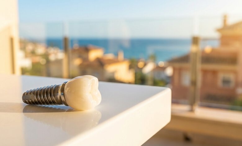 Un modèle d'implant dentaire de haute qualité au premier plan, avec en arrière-plan une vue floue et ensoleillée d'une ville côtière en Espagne, illustrant le concept de tourisme dentaire.