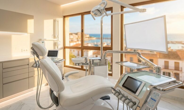 Intérieur d'un cabinet dentaire de pointe, propre et vide, avec un équipement moderne et une grande fenêtre offrant une vue ensoleillée et floue sur la côte espagnole.