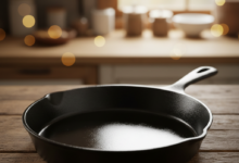 A dark, perfectly seasoned cast iron skillet with a deep, glossy black patina resting on a warm, rustic wooden countertop. The background is a softly blurred kitchen environment.