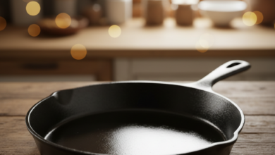 A dark, perfectly seasoned cast iron skillet with a deep, glossy black patina resting on a warm, rustic wooden countertop. The background is a softly blurred kitchen environment.