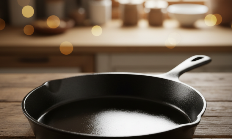 A dark, perfectly seasoned cast iron skillet with a deep, glossy black patina resting on a warm, rustic wooden countertop. The background is a softly blurred kitchen environment.
