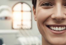 Una persona serena sonriendo con confianza, mostrando unos dientes perfectos y de aspecto muy natural. El enfoque está en su boca y su sonrisa saludable. El fondo está suavemente desenfocado, sugiriendo un ambiente de clínica dental moderno con luz natural y una sutil referencia arquitectónica española. La imagen transmite bienestar, salud y confianza.