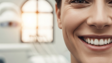Una persona serena sonriendo con confianza, mostrando unos dientes perfectos y de aspecto muy natural. El enfoque está en su boca y su sonrisa saludable. El fondo está suavemente desenfocado, sugiriendo un ambiente de clínica dental moderno con luz natural y una sutil referencia arquitectónica española. La imagen transmite bienestar, salud y confianza.