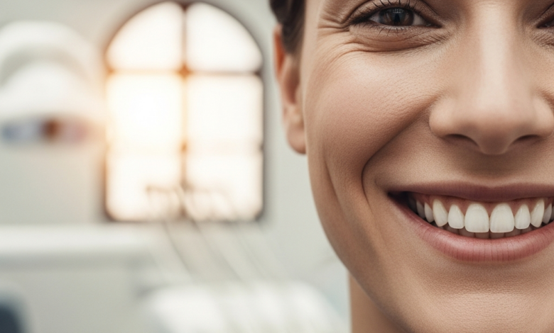 Una persona serena sonriendo con confianza, mostrando unos dientes perfectos y de aspecto muy natural. El enfoque está en su boca y su sonrisa saludable. El fondo está suavemente desenfocado, sugiriendo un ambiente de clínica dental moderno con luz natural y una sutil referencia arquitectónica española. La imagen transmite bienestar, salud y confianza.