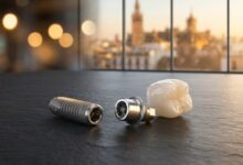 Primer plano de los componentes de un implante dental de alta gama: un tornillo de titanio, un pilar y una corona de zirconio, sobre una superficie moderna con un fondo desenfocado de una ciudad en España.