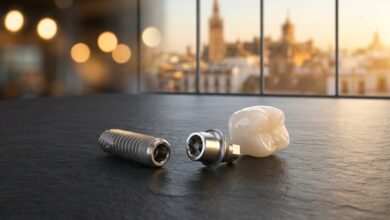Primer plano de los componentes de un implante dental de alta gama: un tornillo de titanio, un pilar y una corona de zirconio, sobre una superficie moderna con un fondo desenfocado de una ciudad en España.