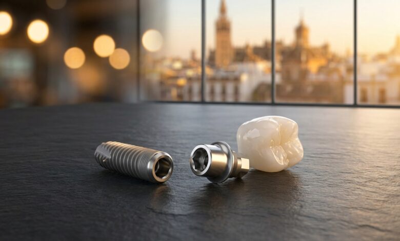Primer plano de los componentes de un implante dental de alta gama: un tornillo de titanio, un pilar y una corona de zirconio, sobre una superficie moderna con un fondo desenfocado de una ciudad en España.
