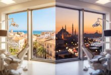 Una imagen conceptual dividida que muestra dos vistas desde una clínica dental moderna. A la izquierda, una vista a un paisaje urbano soleado de España. A la derecha, una vista a la silueta de Estambul, Turquía. Simboliza la elección de implantes dentales entre los dos países.