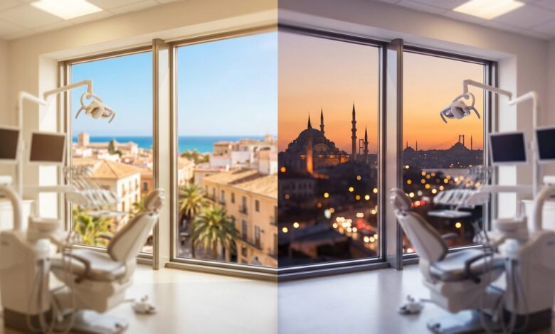Una imagen conceptual dividida que muestra dos vistas desde una clínica dental moderna. A la izquierda, una vista a un paisaje urbano soleado de España. A la derecha, una vista a la silueta de Estambul, Turquía. Simboliza la elección de implantes dentales entre los dos países.