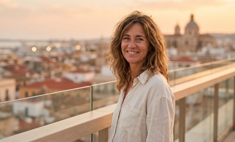 Une personne souriant avec satisfaction sur un balcon, avec en arrière-plan une vue floue et ensoleillée d'une ville côtière en Espagne, illustrant le concept de refaire ses dents à l'étranger.